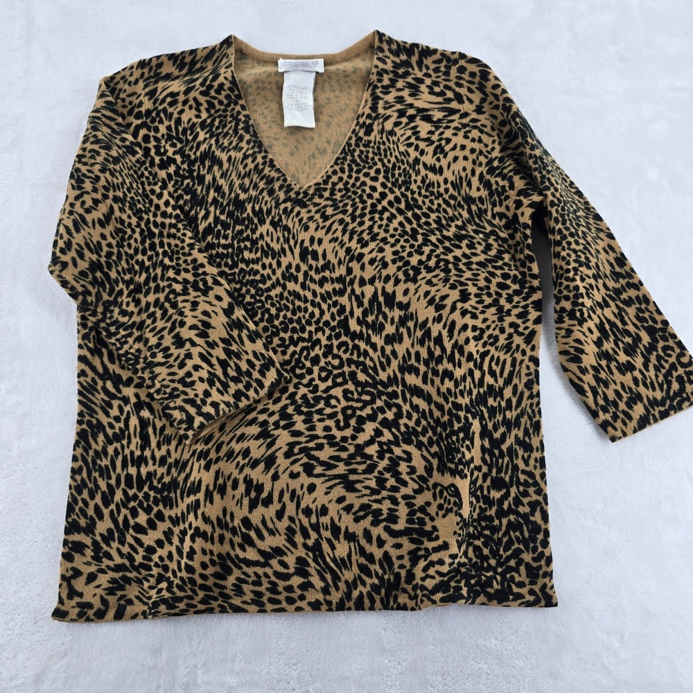 Originals V-Neck Sweater Womens M Sweater Brown Leopard Print Luxelon Acrylic